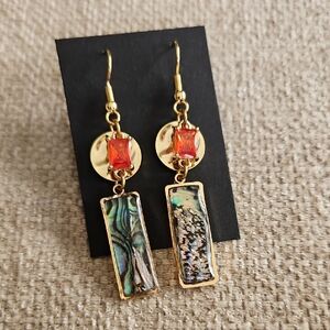 Gold-Tone Abalone Drop Earrings with Orange Crystal Accent